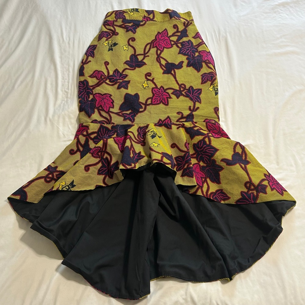 African Wax Print High-Low Mermaid Skirt Yellow Pink Leaf Pattern Ship Wheel Zip